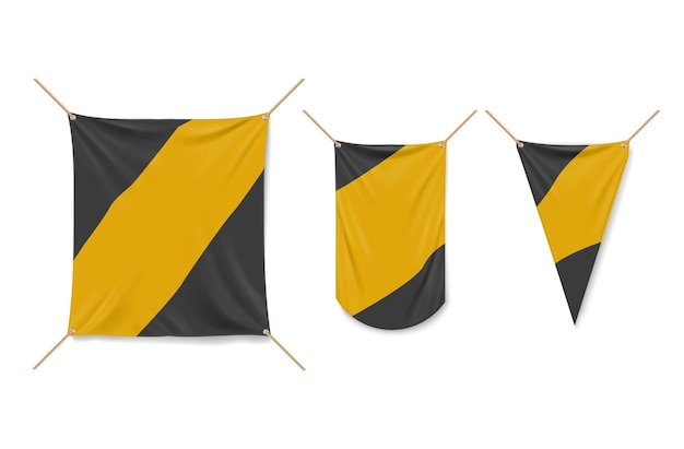 Square vinyl banner and pennants hanging with ropes Vector realistic mockup of 3d yellow and black canvas posters textile pennons isolated on white background