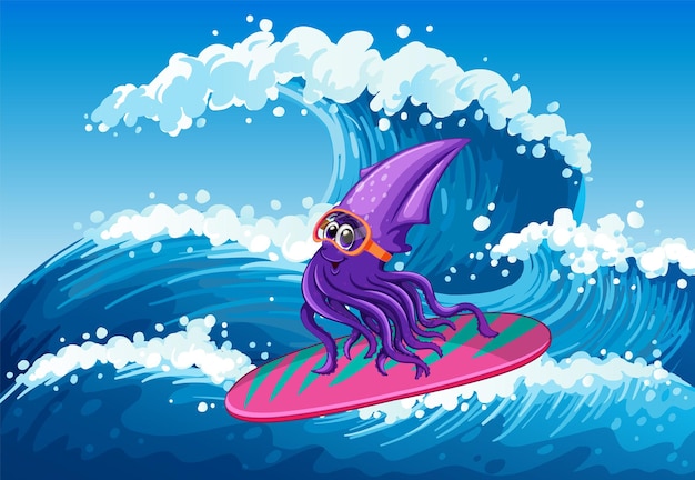 A squid on surfboard in the ocean