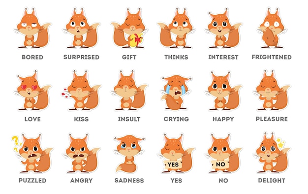 Squirrel emoji sticker set on white background All kinds of emotios as sad puzzled and happy