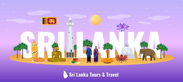 Sri lanka large letters title header horizontal gradient background banner  with tourists attractions national food