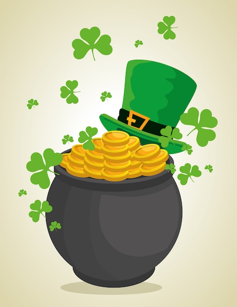 Free Vector st patrick hat and cauldron with coins for celebration