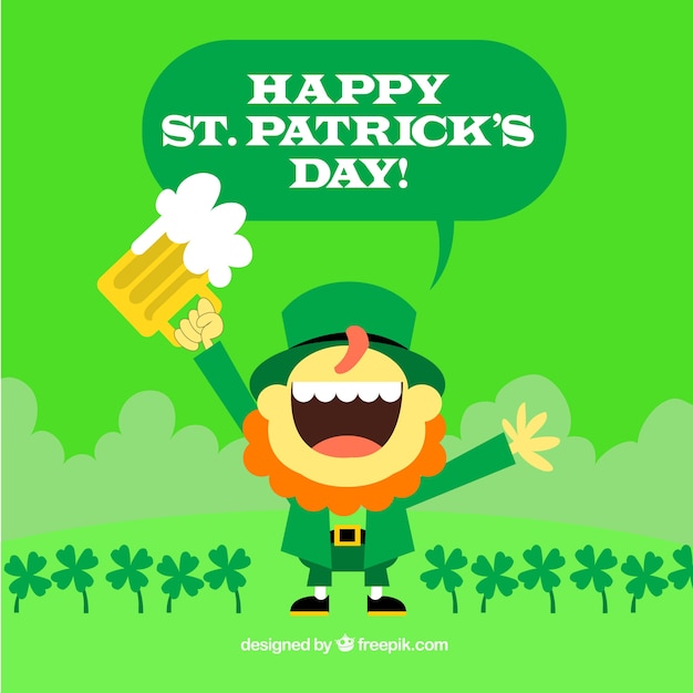 St patrick's day background with happy leprechaun in flat design