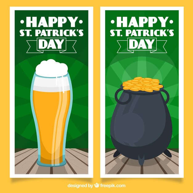 Free Vector st patrick's day banners with beer and cauldron