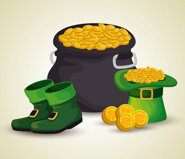 St Patrick's day cauldron with golden coins and hat with boots