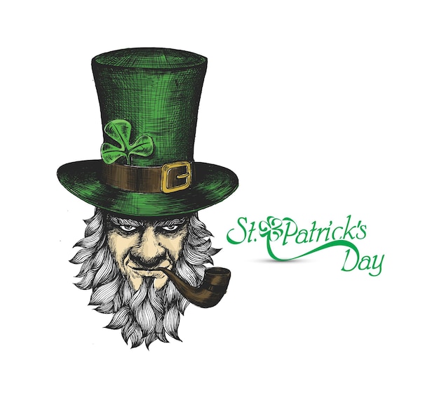 St Patrick's Day Character Leprechaun with Hat, beard, Smoking Pipe, Vector illlustration.