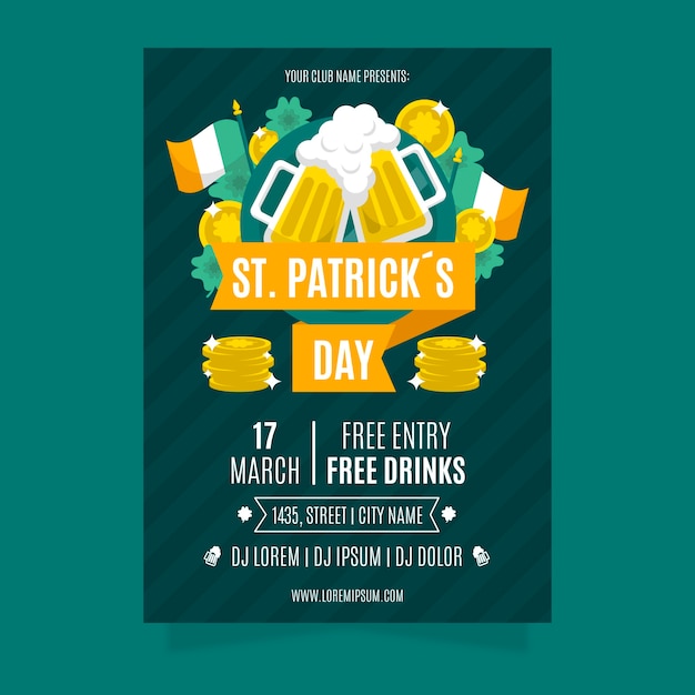 Free Vector st. patrick's day flyer with beers and flag