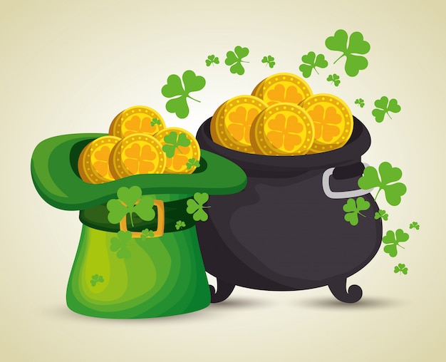 St Patrick's day hat and cauldron with gold coins