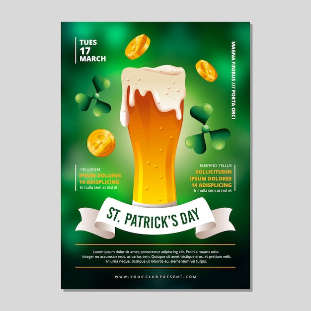 St. patrick's day party poster or flyer template blurred beer and coins