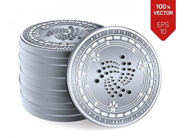 Stack of silver coins with Iota symbol isolated on white background.