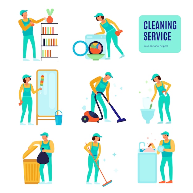 Staff of cleaning service during various domestic work set of flat icons isolated