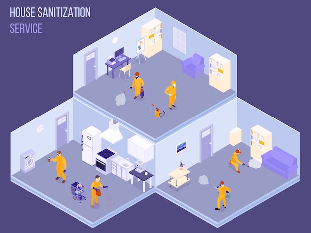 Staff of house sanitization service in protective uniform during disinfection work isometric vector illustration