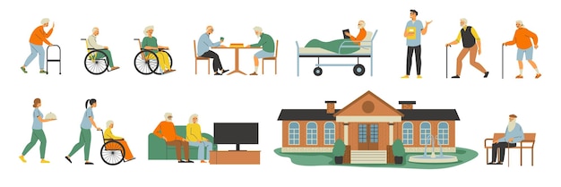 Free vector staff and inhabitants of nursing home flat set with elderly people spending leisure time together and assistants looking for disabled isolated vector illustration