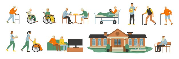 Staff and inhabitants of nursing home flat set with elderly people spending leisure time together and assistants looking for disabled isolated vector illustration