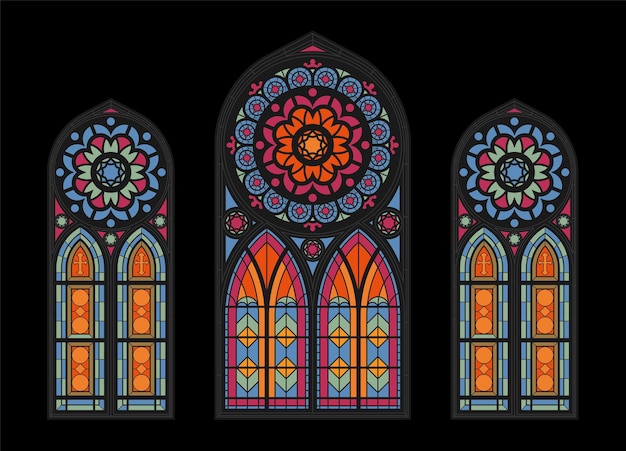 Free Vector stained glass colorful mosaic cathedral windows on dark gothic church beautiful interior view clouseup illustration