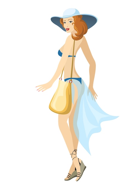 Free Vector standing beautiful young woman dressed in a blue swimsuit and hat with handbag.  vector illustration