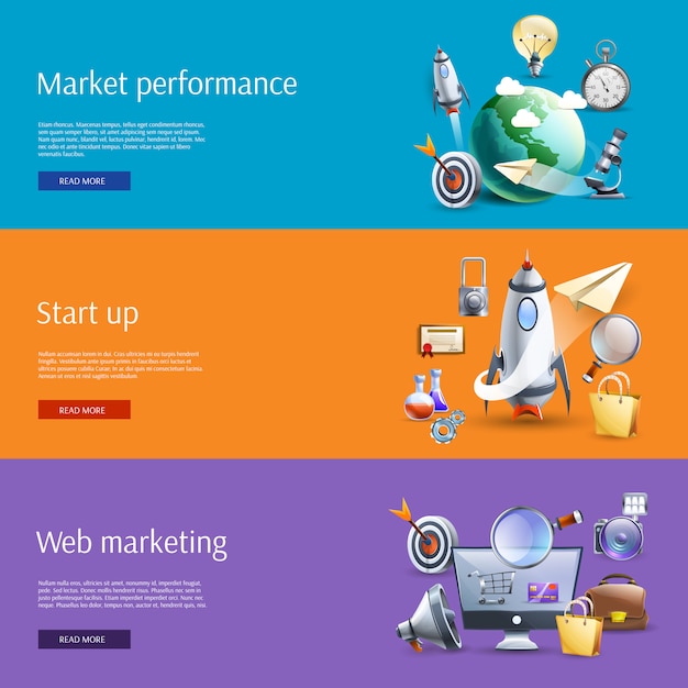 Free Vector start up marketing flat banners set