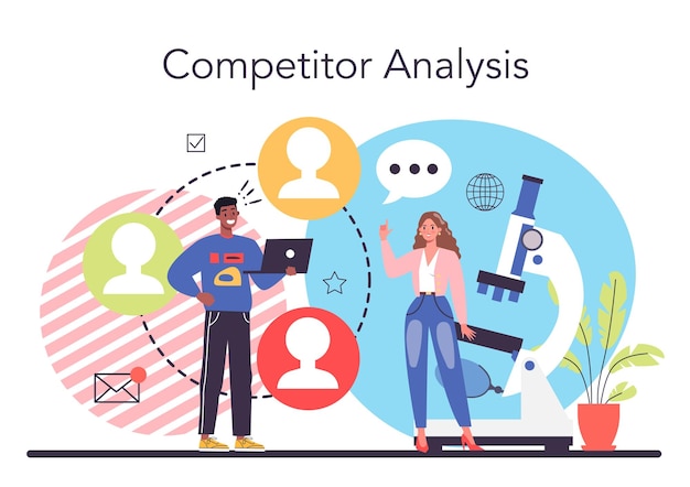 Start up running concept Competitor search and analysis Market research and business strategy development Chart and graphdate diagram Isolated vector illustration in cartoon style