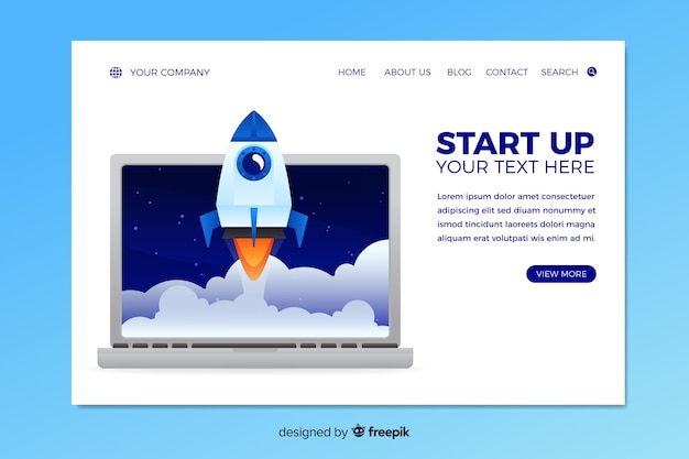 Free Vector startup landing page with launched rocket