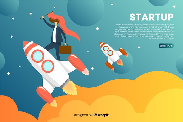 Free Vector startup landing page with a rocket