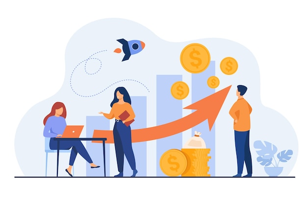 Startup managers presenting and analyzing sales growth chart. Group of workers with heap of cash, rocket, bar diagrams with arrow and heap of money