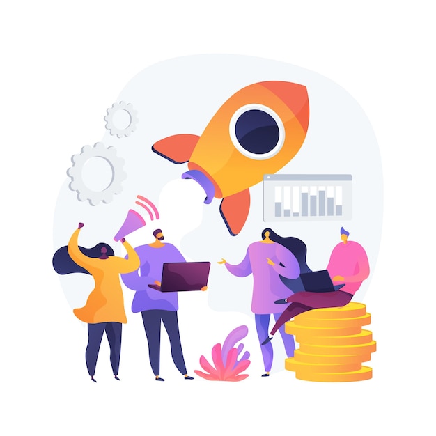 Startup, rocket launch, project start. Setting business, company founding. Teamwork, cooperation, partnership. Businesspeople cartoon characters. Vector isolated concept metaphor illustration.