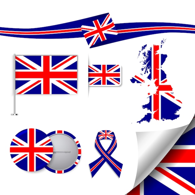 Stationery elements collection with the flag of united kingdom design