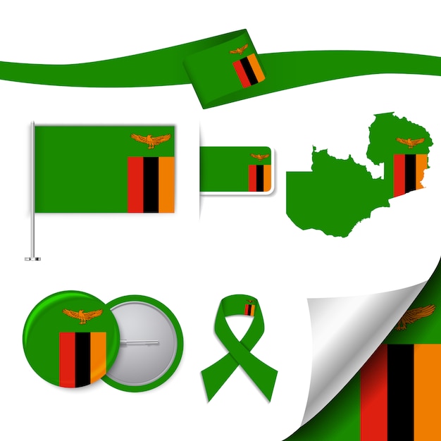 Stationery elements collection with the flag of zambia design