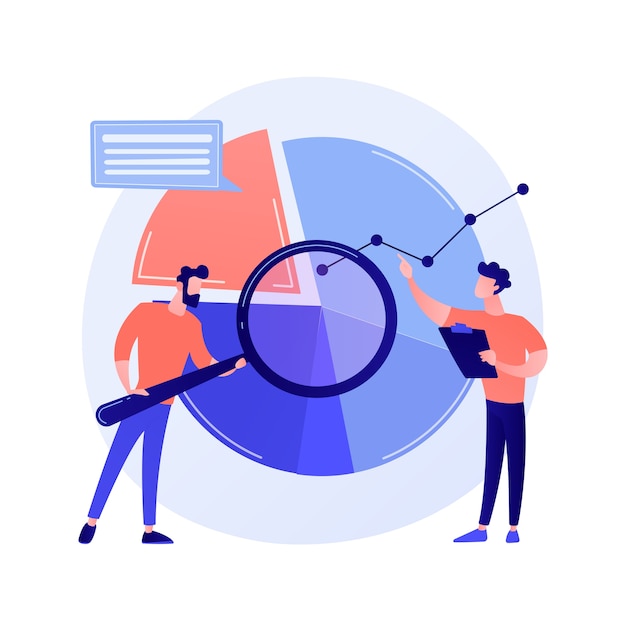 Statistical analysis. Man cartoon character with magnifying glass analyzing data. Circular diagram with colorful segments. Statistics, audit, research concept illustration