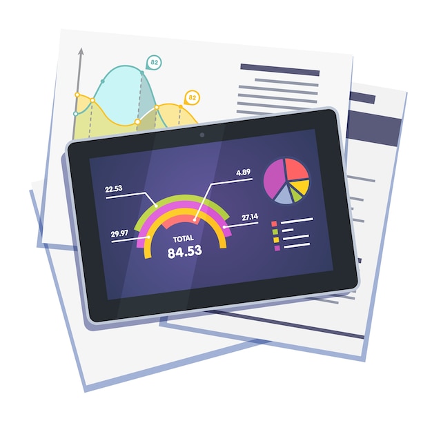 Free vector statistical data abstract on paper and tablet