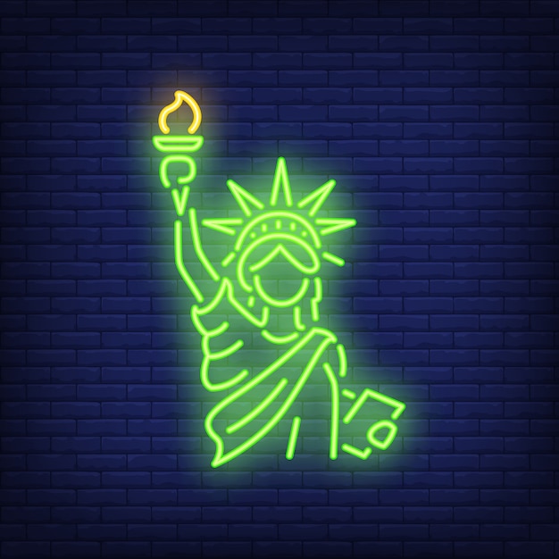 Statue of Liberty on brick background. Neon style illustration. New York, Manhattan