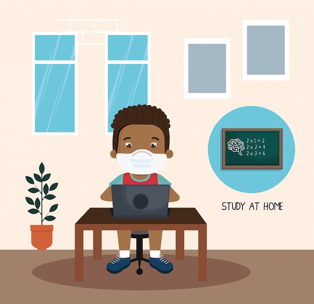 Free Vector stay at home campaign with boy afro studying online illustration design