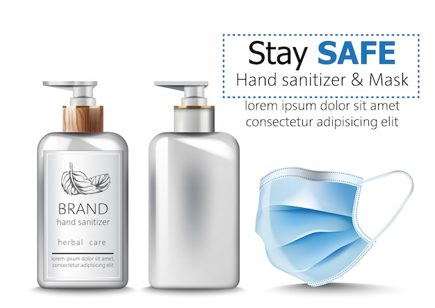 Free Vector stay safe banner with hand sanitizer and medical protective mask