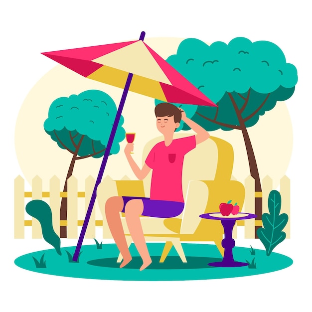 Free Vector staycation in the backyard with umbrella