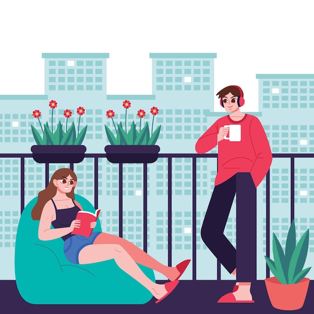 Free Vector staycation at home balcony with man and woman