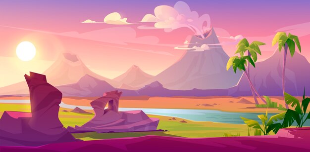 Steaming volcanoes, cartoon volcanic background