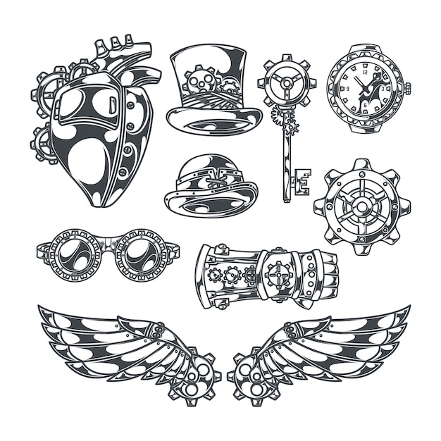 Steampunk set of isolated decorative icons with mechanical wings heart sketch style images and ribbons with text