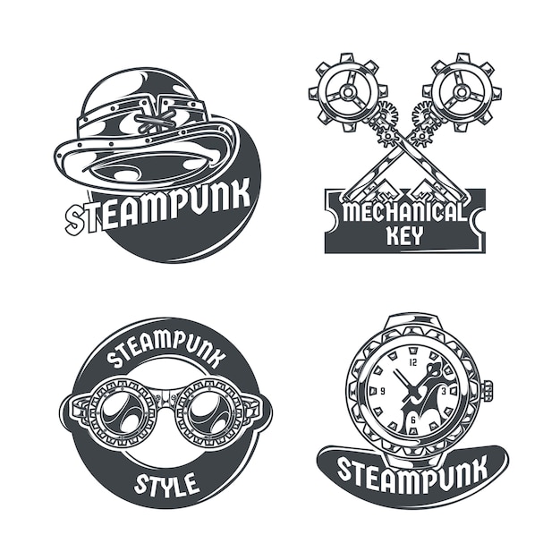 Steampunk set with four isolated emblems editable text and images of various items