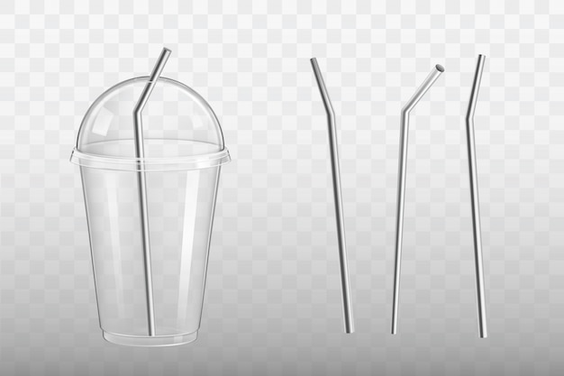 Steel drinking straw in plastic glass vector