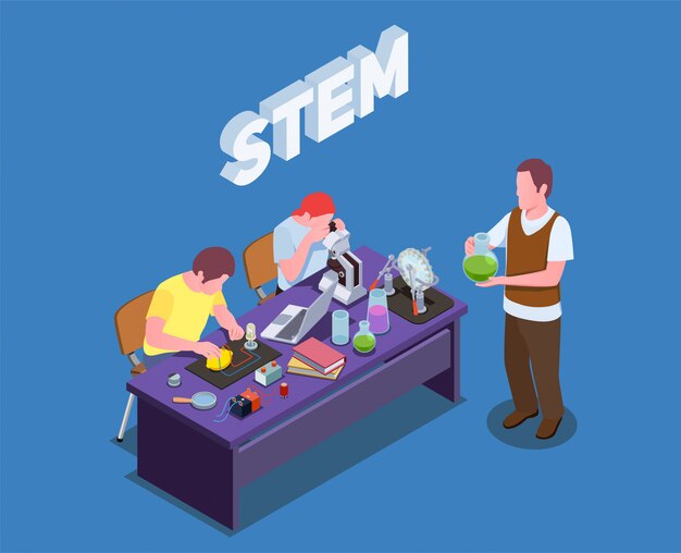 STEM education isometric composition with text and human characters of students and teacher performing laboratory studies