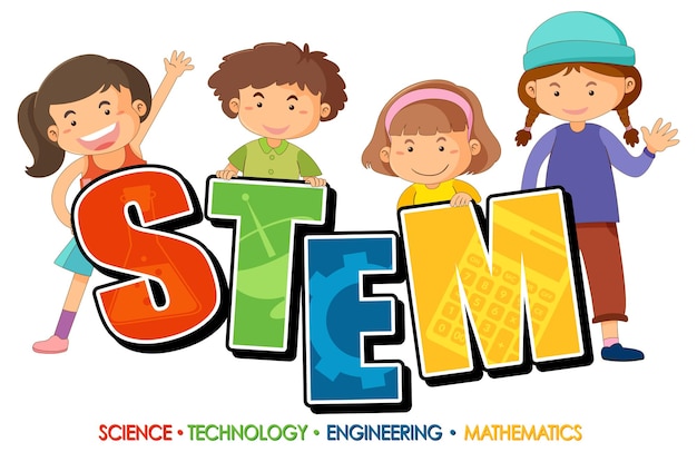 STEM education logo banner with kids cartoon character