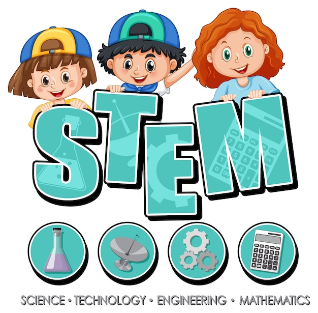 STEM education logo banner with kids cartoon character