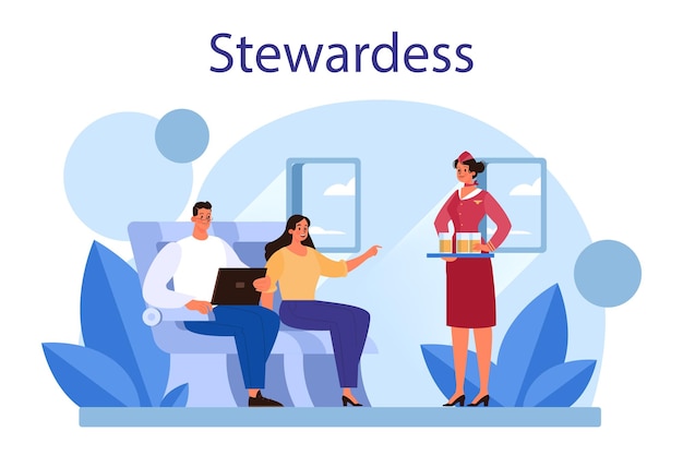 Stewardess concept Flight attendants help passenger in airplane Travel by aircraft Idea of professional occupation and tourism Isolated flat vector illustration