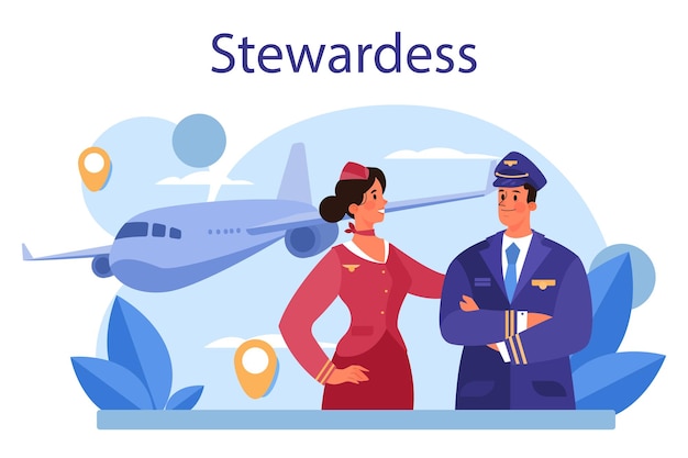 Stewardess concept Flight attendants help passenger in airplane Travel by aircraft Idea of professional occupation and tourism Isolated flat vector illustration