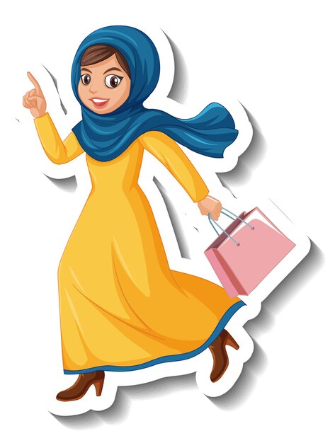 Sticker cartoon character of muslim woman holding bag on white background