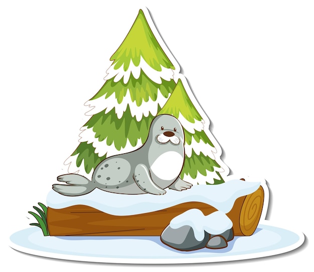 Sticker a cute seal stand by pine tree covered with snow