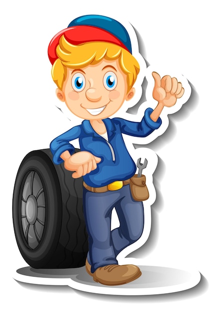 Sticker design with auto mechanic cartoon character