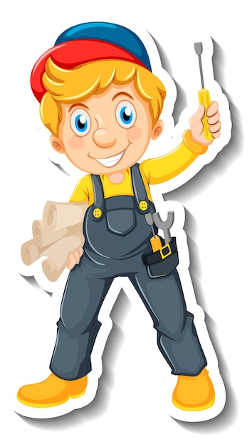 Free vector sticker design with auto mechanic cartoon character