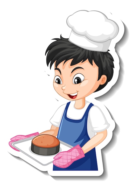 Sticker design with baker boy holding baked tray