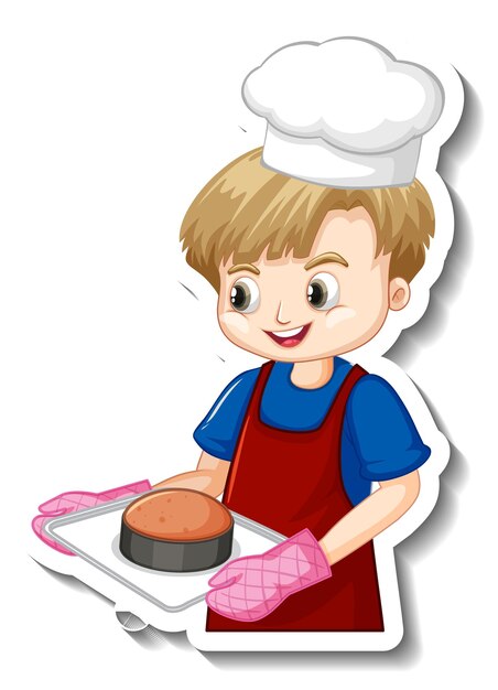 Sticker design with baker boy holding baked tray