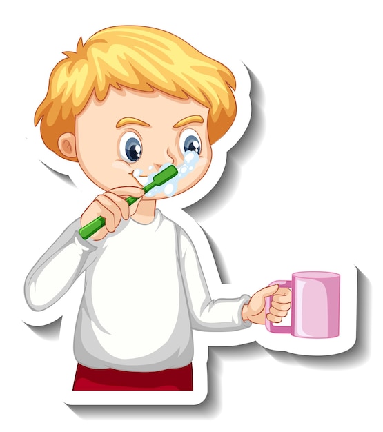 Free vector sticker design with a boy brushing his tooth cartoon character